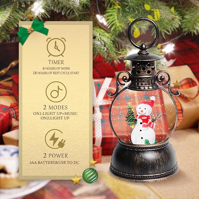 Christmas Snow Globes, Snowman and Christmas Tree Christmas Lantern with 8 Songs, 6H Timer Battery & USB Powered Glitter Music Box for Christmas Table Decorations Holiday
