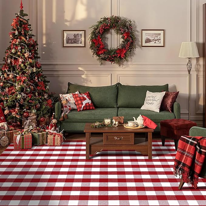 Christmas Red and White Plaid Rug 8x10 ft, Extra Large Cotton Hand-Woven Buffalo Check Area Rug for Living Room, Bedroom, Patio, Christmas Holiday Farmhouse Decor, Washable Outdoor Indoor Carpet
