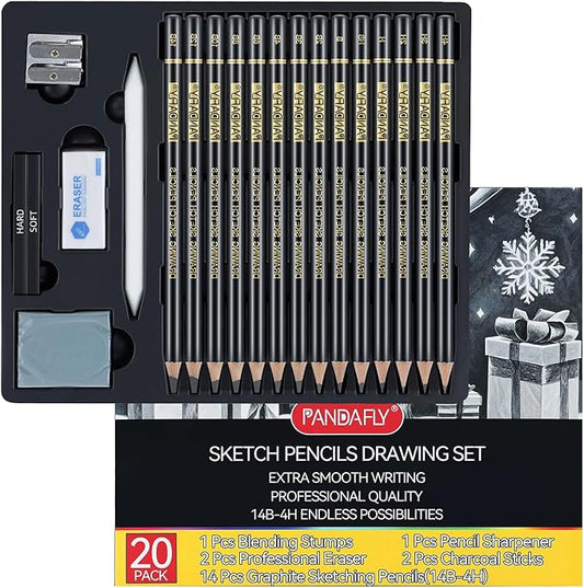 PANDAFLY 20-Piece Professional Sketch Pencil Set - Includes 4H to 14B Graphite Pencils, Charcoal Sticks, Vinyl Eraser, Kneaded Eraser, Sharpener, Blending Stump - Ideal for Artists and Beginners
