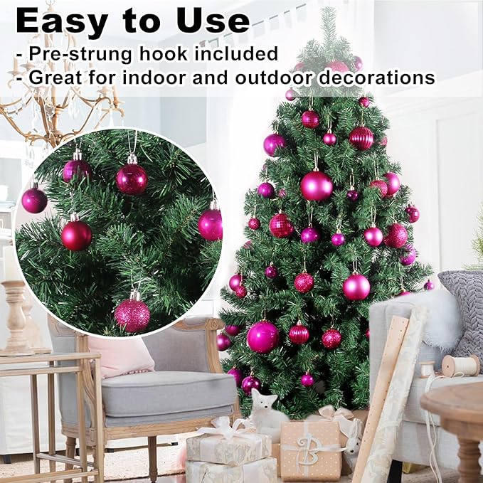 Fuchsia 1.6" Small Christmas Balls Christmas Tree Decoration Ornaments Shatterproof Hanging Balls for Birthday Halloween Holiday Wedding Decorations Set of 24pcs