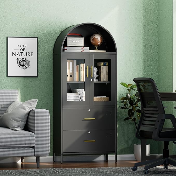 Tall Metal Arch Cabinet, Filing Cabinet for Home Office, Black Arched Bookcase with Locking Glass Doors and Drawers(Assemble Required)