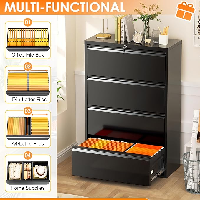 INTERGREAT 4 Drawer File Cabinet, Black Lateral File Cabinets with Lock, Metal Steel Wide Filing Cabinets for Home Office, Fast Assembly