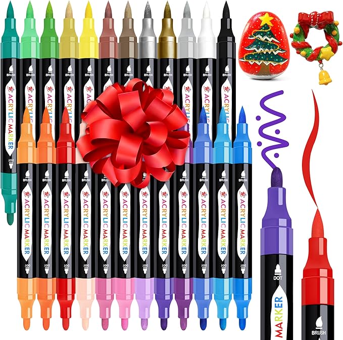 TBC The Best Crafts 24 Colors Dual Tip Acrylic Paint Markers,Waterproof, Non-Toxic, odorless, Suitable for Paper, Pottery, Stones, Backpacks, Glass