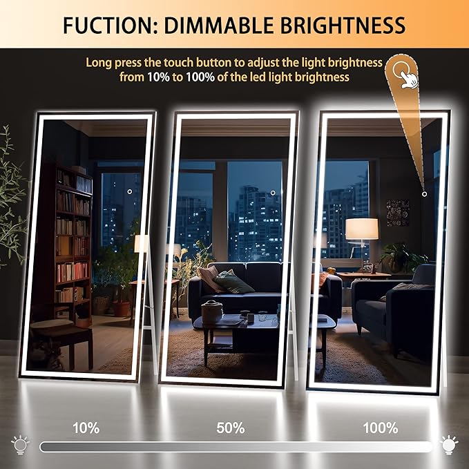 Hasipu Full Length Mirror with Lights, 83" x 36" LED Lighted Floor Standing Mirror, Full Body Dressing Hanging Mounted Mirrors, Dimmable, Tempered Glass, Safe to Use, Square White