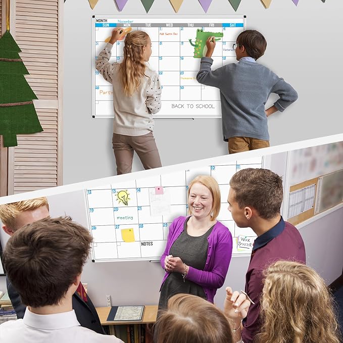 XBoard Magnetic Calendar Whiteboard 60" x 40" - Monthly Calendar Dry Erase Board, White Board + Colorful Calendar Board, Silver Aluminium Framed Monthly Planning Board