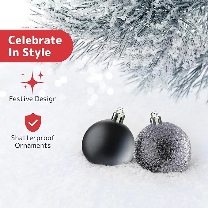 PREXTEX 36 Piece Christmas Ornaments Set - Black Shatterproof Balls in 6 Styles and 3 Sizes with Hanging Loops - Elegant Christmas Tree Decorations for Indoor and Outdoor Black Xmas Tree Display