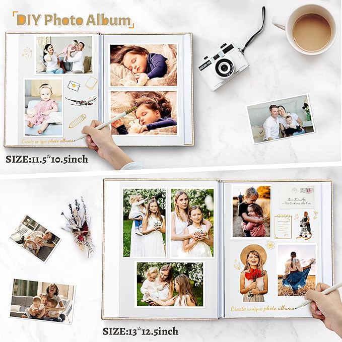 Photo Album Self Adhesive Scrapbook,Large Photo Book for 4x6,5x7,8x10 Pictures,DIY Album for Baby Wedding Family Travel Birthday,with Metallic Pen and Scraper