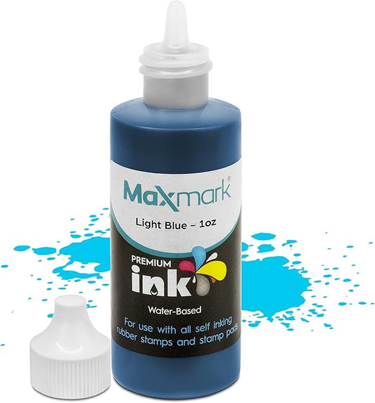 MaxMark Premium Refill Ink for self Inking Stamps and Stamp Pads, Light Blue Color - 1 oz.