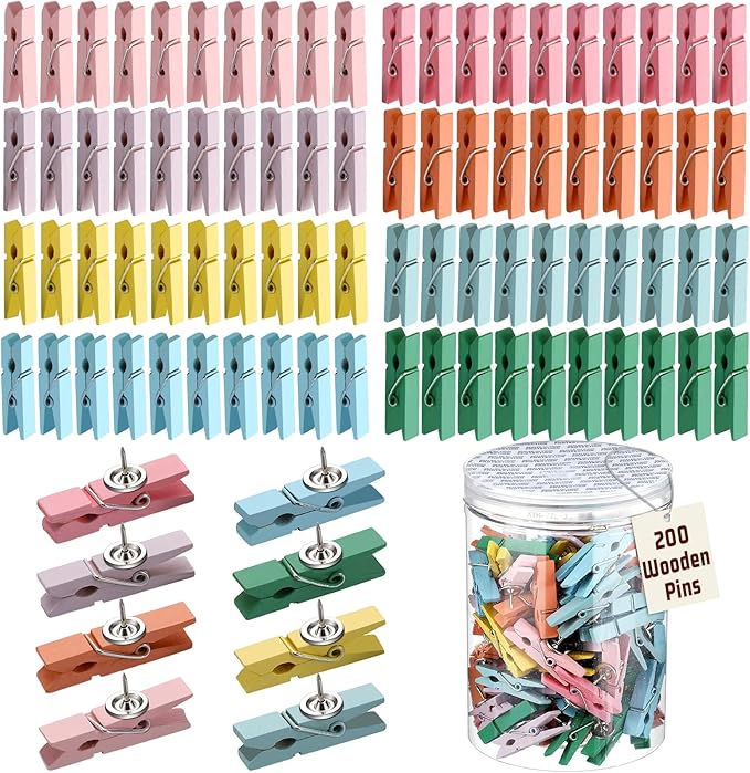 200 Pcs Push Pin with Wooden Clips Tacks Pastel Classroom Decor for Cork Board Bulletin Board Colorful Thumb Tacks Wooden Clips for Teachers School Office Home Supplies Accessories
