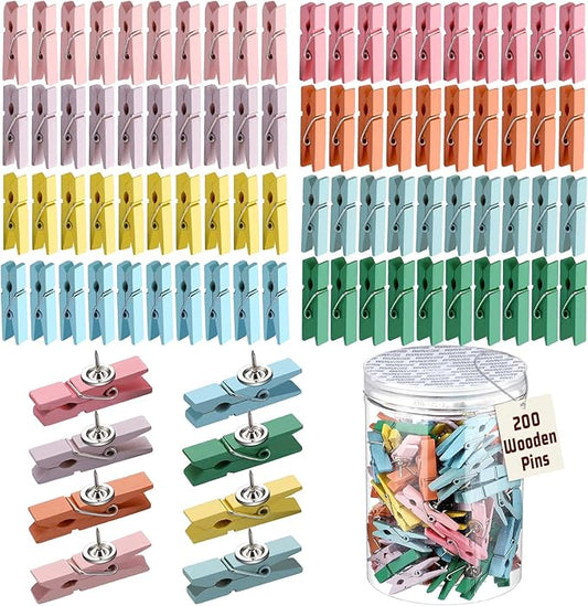 200 Pcs Push Pin with Wooden Clips Tacks Pastel Classroom Decor for Cork Board Bulletin Board Colorful Thumb Tacks Wooden Clips for Teachers School Office Home Supplies Accessories