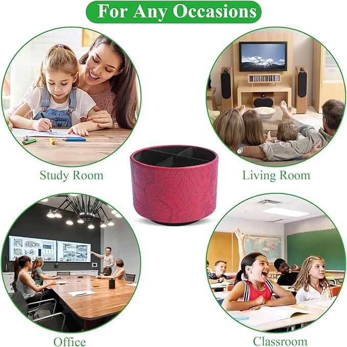 Hennaja Round Leather Art Supply Organizer,Remote Control Holder,360 Degree Spinning,Multi-Functional Pencil Holder,4 Compartments Desktop Stationary Organizer(1-Carved Red)