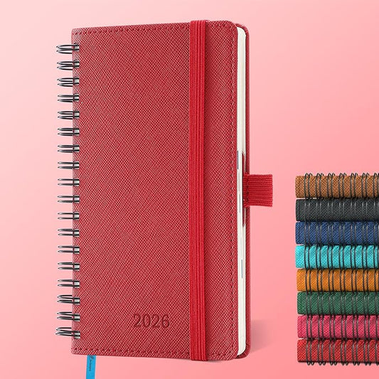 Planner 2026 Daily Weekly and Monthly,6.5"x3.75",12 Months Spiral Bound Calendar Agenda with Self-adhesive Pen Holder,2026 Appointment Book with Vegan Leather Soft Cover,Red