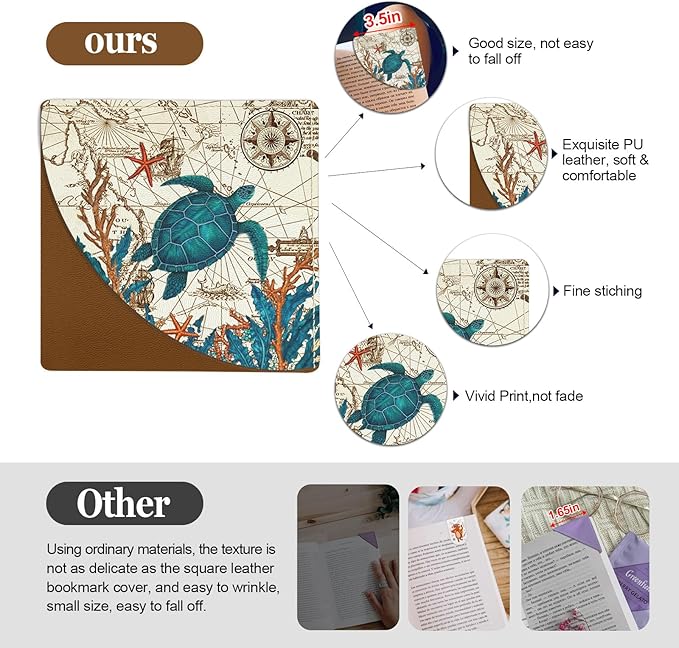 4 Pcs Sea Turtle Corner Bookmarks, Cute Leather Book Accessories for Book Lovers, Funny Reading Book Page Markers for Women Girls Men Teacher Student Boys Kids Retirement Birthday Gifts