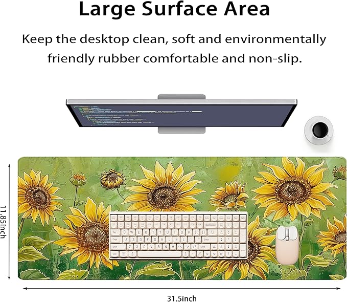 31.5”x11.8”Large Gaming Mouse Pad for Desk, Mouse Mat with Seamed Edges, Waterproof Desk Pad, Non-Slip Rubber Base, Keyboard Pad Computer Mat, Big XL Mousepad-Sunflowers On Green Oil Painting
