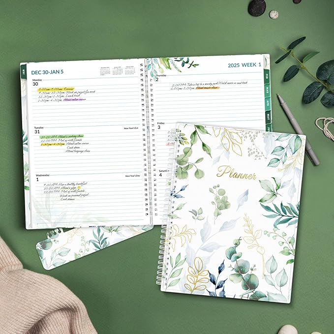 SUNEE 2026 Weekly and Monthly Planner - from January 2026 - December 2026, 8.5"x11" Daily Agenda Planner with Monthly Tab, Flexible Cover, Note Pages, Pockets, Bookmark, Spiral Binding, Eucalyptus
