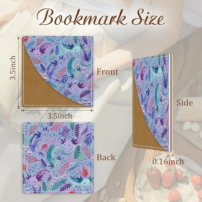 Axolotls Corner Bookmarks, Cute Leather Book Accessories for Book Lovers, 3 Pcs Reading Book Page Markers for Women Men Student Teacher Girls Boys Kids Retirement Birthday Gifts