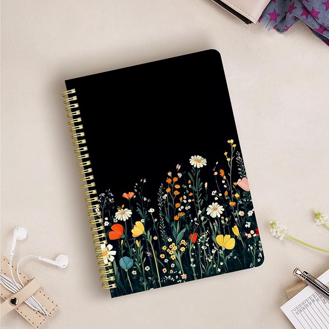 Cute Spiral Notebook journal B5 Aesthetic Pretty Design for Women Girls Kawaii with Pocket, 10 x 7.2 inch, Lined, Black Flower