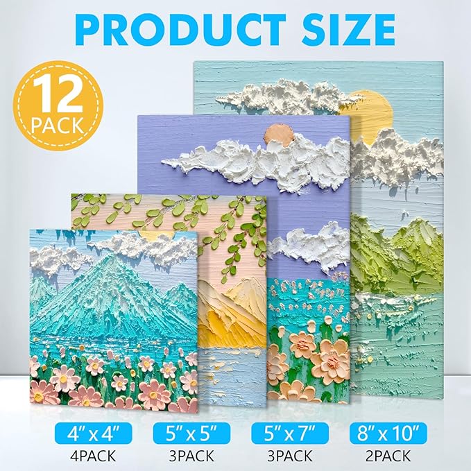 ESRICH Canvas Boards for Painting 12 Pack Art Supplies Paint Canvas 4x4, 5x5, 5x7, 8x10 Blank Large Canvases for Painting-Cotton Primed Canvas Panels for Acrylic, Oil, Gouache & Tempera.