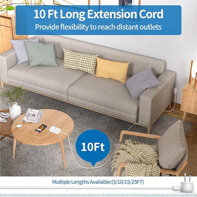 Surge Protector Power Strip 10 ft, Flat Plug Extension Cord with 6 Outlets 4 USB Ports, Outlet Extender Long Cord, Overload Protection, Extension Cord with Multiple Outlets for Indoor, Home, Office