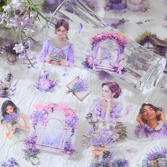 Snycler Purple Garden Series Sticker Book - 20 Sheets Vintage PET Stickers for Scrapbooking, Junk Journaling, Ephemera, and Decorative Crafts - Pre-Cut Coffee Theme Stickers