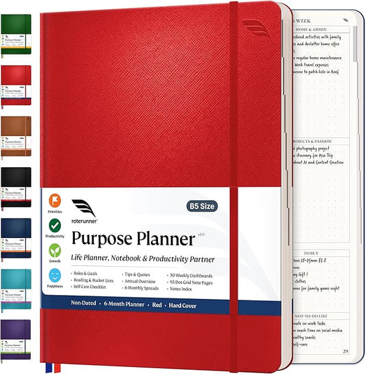 Roterunner Purpose Planner Notebook B5 7.5”x9.8” Undated Planner 2025 Daily Weekly and Monthly Productivity Goal Setting Tool for Work Home ADHD Planner for Adults Self Care Journal