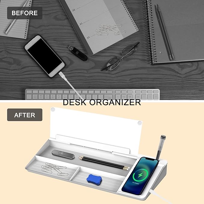 SELEAD Desktop Glass Whiteboard with Wireless Charger Station, Dry Erase Board Computer Pad Keyboard Stand with Organizer Drawer for Home, School, Office Desk Accessories, White