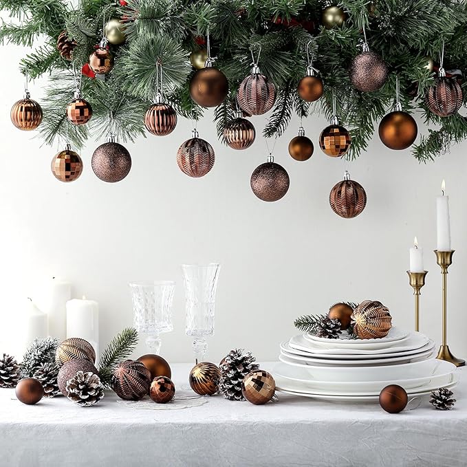 64 Pcs Neutral Brown Christmas Ball Ornaments Glitter Matte Brown Xmas Bulbs Ornaments 1.6/1.97/2.4 Inch Rustic Xmas Baubles Assorted Size Modern Christmas Decoration for Tree Home Indoor Decor