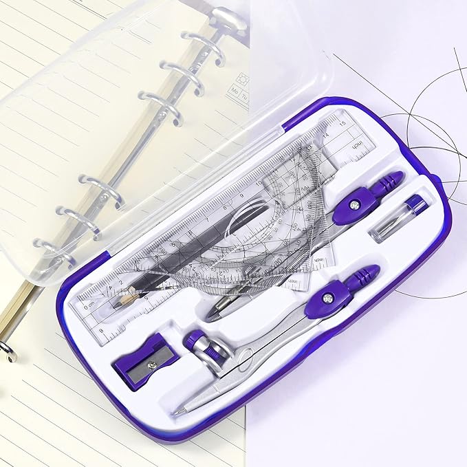 Math Geometry Kit Sets 10 Piece Student Supplies with Shatterproof Storage Box,Includes Rulers,Protractor,Compass,Eraser,Pencil Sharpener,Lead Refills,Pencil,for Drafting（Purple）