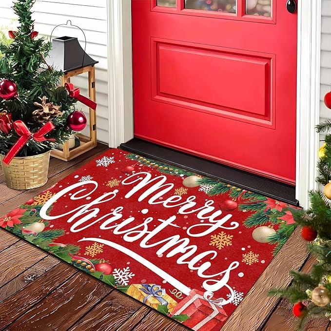 InterestPrint Merry Christmas Welcome Mat Low Profile Entrance Decoration Easy Clean Door Rug Christmas Red Doormat Outdoor Entrance for Outside Entrance Or Porch Entry, 16" x 24" Inch