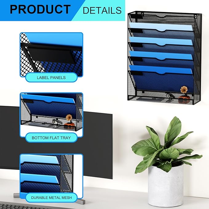 Hanging Wall File Organizer 6 Tier Wall Mounted Mail Paper Folder Holder Document Organization Stand, Vertical Desk Magazine Rack for Office Home Cubicle Countertop, Black