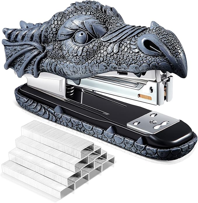 Pajean Dragon Stapler with 2000 Staples, Dragon Head Stapler Novelty Stapler Funny Carving Resin Faucet Stapler for Office Desk Stationery Desktop Accessory Home Decor(Grey)