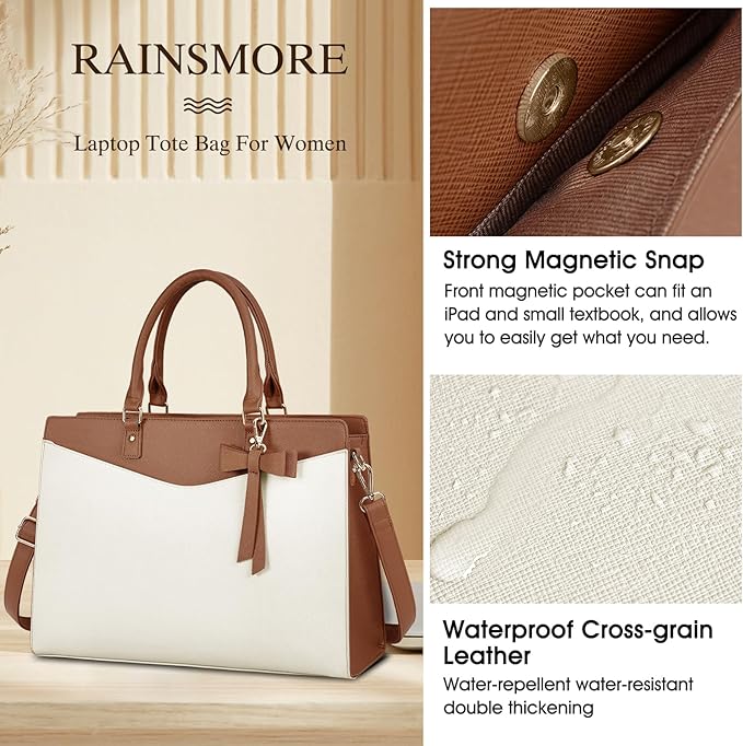 RAINSMORE Laptop Bag for Women 15.6 Inch PU Leather Laptop Tote Professional Business Office Work Bag Waterproof Briefcase Computer Tote Bag Large Lightweight Handbag Shoulder Bag