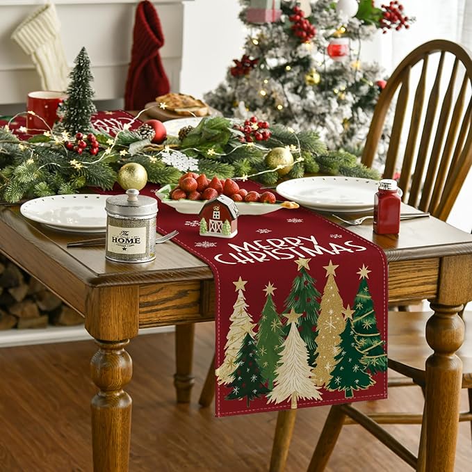 Artoid Mode Xmas Trees Snowflakes Red 210 GSM Merry Christmas Table Runner, Winter Kitchen Dining Table Decoration for Home Party Decor 13x72 Inch