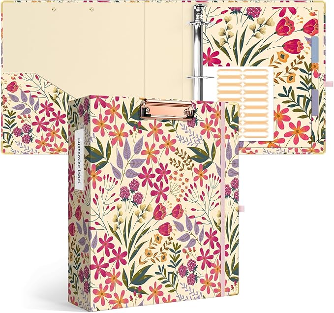 Ospelelf 3 Ring Binder, 2 Inch Letter Size (11" x 8.5") with 5 Tab Dividers, File Folder Labels and Low Profile Clipboards, Floral Binder for School and Office Supplies