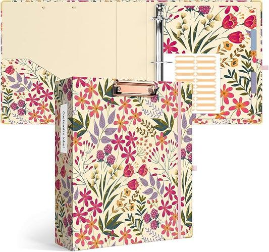 Ospelelf 3 Ring Binder, 2 Inch Letter Size (11" x 8.5") with 5 Tab Dividers, File Folder Labels and Low Profile Clipboards, Floral Binder for School and Office Supplies