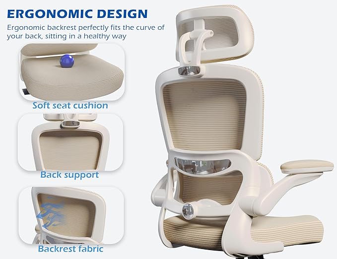 TRALT Ergonomic Office Chair - Desk Chair with Adjustable Headrest Lumbar Support Computer Chair - Mesh Comfy Chair with Flip-up Armrests - Gaming Chairs for Adults Home Office (Leather, Beige)