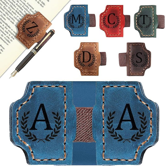 Bygone Mark Bookmark with Pen Holder, 26 Letters Name Initial Personalized Magnetic Bookmarks, Leather Book Mark for Men Women, Travelers Accessories, Teachers Readers Book Lovers Gifts (Blue, A)