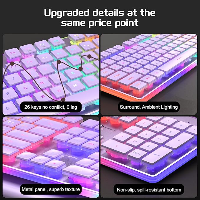 Camiysn Creamy Gaming Keyboard and Mouse, Purple 104 Keys RGB and 6 Speed RGB Mouse Combo, Pudding Keycaps Silent Computer Keyboard for Computer/PC/Laptop/Mac/Windows/Office