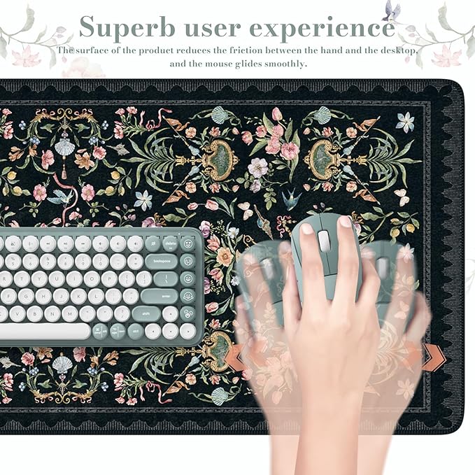 iCasso Large Desk Mat Black,Big Mouse Pad with Stitched Edges,Aesthetic Computer Pad for Desktop,Anti-Slip Keyboard Mat for Women,Floral Desk Cover Protector Work from Office Home Dorm