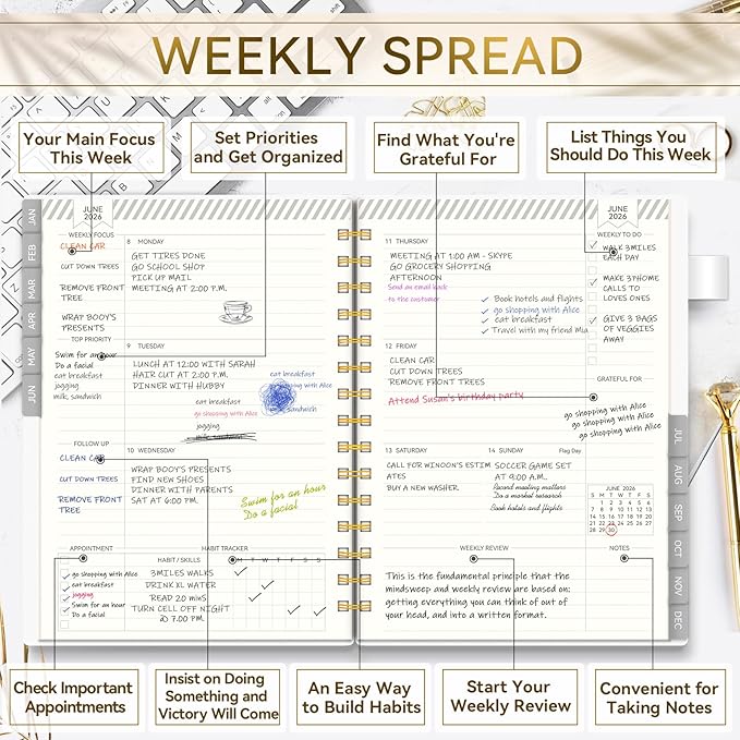 2026 Planner Weekly and Monthly, AIMPEAK Weekly Planner 2026 with Tabs, Jan. 2026 - Dec. 2026, Calendar Planner for Women, Pen Loop, Flexible Cover，Spiral Binding, White Marble, 5.5" x 8.5"