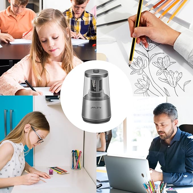 JARLINK Electric Pencil Sharpener, Heavy-Duty Helical Blade to Fast Sharpen, Auto Stop for No.2/Colored Pencils(6-8mm), AC Adapter/Battery Operated in School Classroom/Office/Home (Gray)