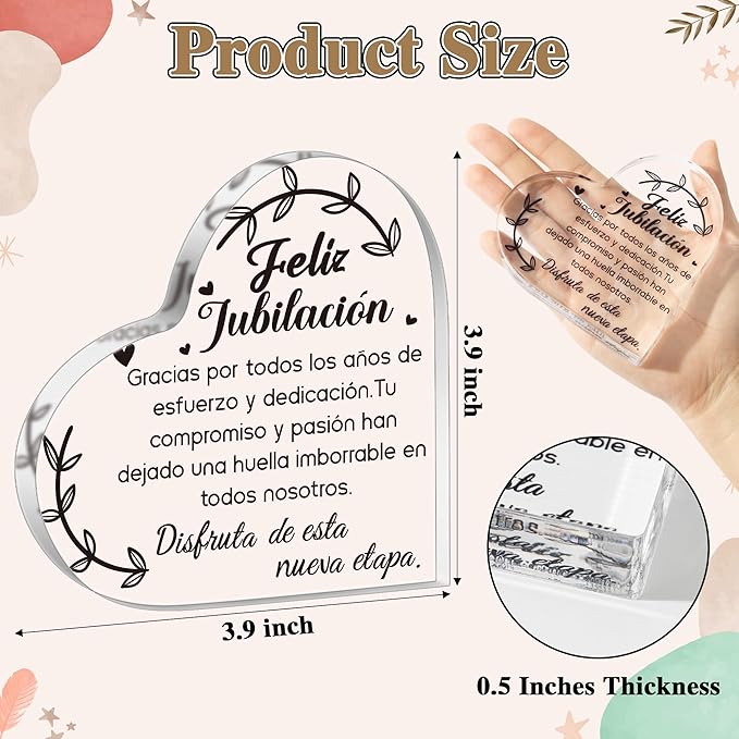 Yopyame Spanish Retirement Acrylic Gifts - Regalos para Feliz jubilación Heart Acrylic Plaque for Women Men Unique Acrylic Keepsake Paperweight for Retirees in Spanish Retirement Party Plaque Decor