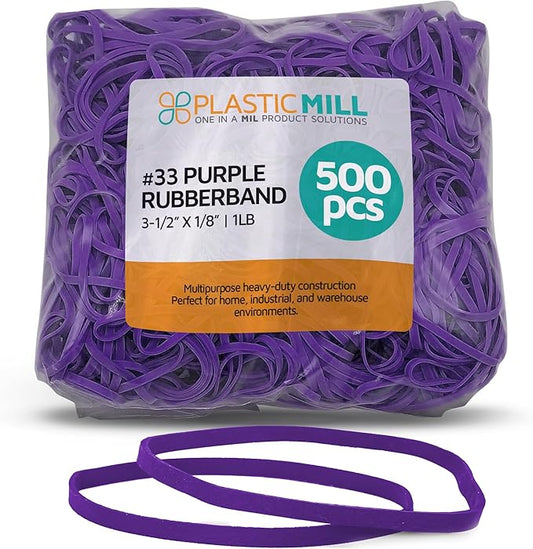 PlasticMill Purple Rubber Bands Size 33 (3 1/2" x 1/8") - #33 Colored Rubber Bands Office Supplies - Strong, Elastic Bands for Crafts, Balloon Garland, Cash, File Folders (500-Pack)