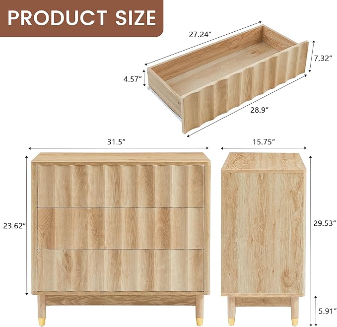 Fluted 3 Drawer Dresser, 31.5" Wide Modern Storage Chest of Drawers, Wood Drawer Organizer for Bedroom, Living Room, Hallway