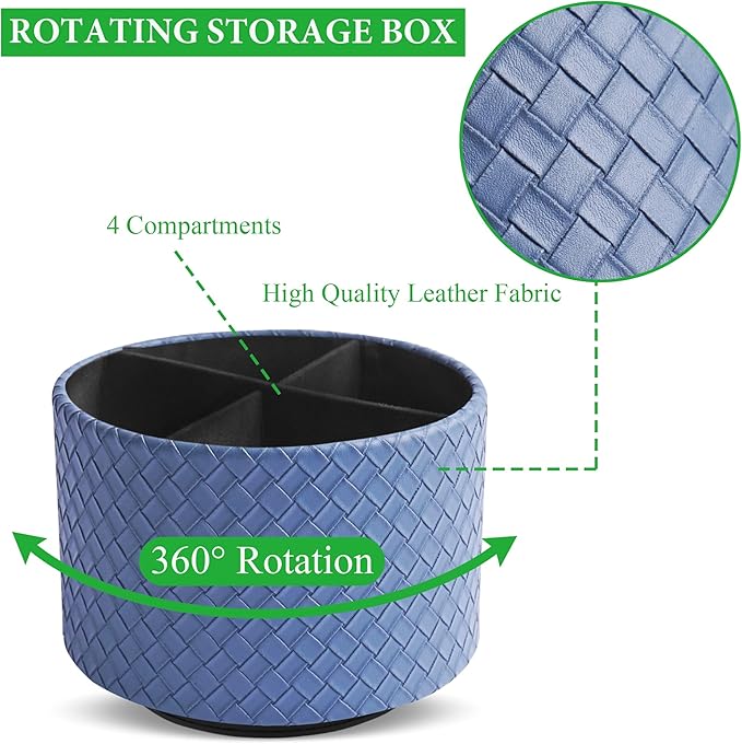 Hennaja Round Leather Art Supply Organizer,Remote Control Holder,360 Degree Spinning,Multi-Functional Pencil Holder,4 Compartments Desktop Stationary Organizer(1-Weave Blue)