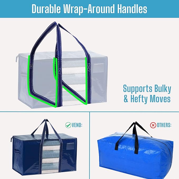 VENO 2 Pack Moving Bags, Moving Supplies, Moving Boxes, College Packing Storage Boxes with Lids Alternative, Heavy Duty Totes, Extra Large, Sturdy Handles, Zipper (Blue with Window, 2 Pack)