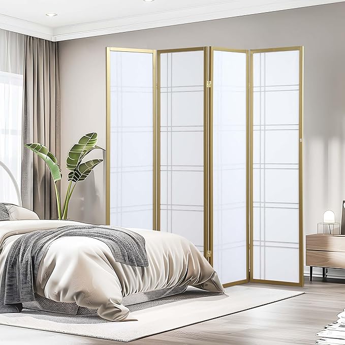 NicBex Room Divider 4 Panel Room Dividers with Paper-Looking Partition Room Dividers and Folding Privacy Screens Wall Divider for Home, Office, Room Separation,72" W x 1" D x 70" H, White+Gold