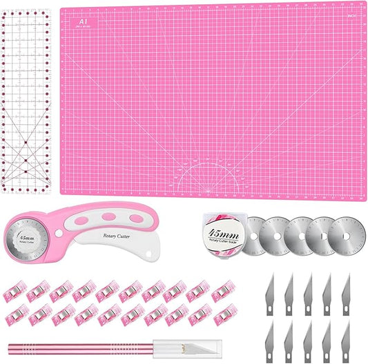 Rotary Cutter Set Pink- Quilting Kit incl. 45mm Fabric Cutter, 5 Replacement Blades, A1 Cutting Mat, Acrylic Quilting Ruler and Sewing Clips, Craft Knife Set, Ideal for Crafting, Sewing, Patchworking