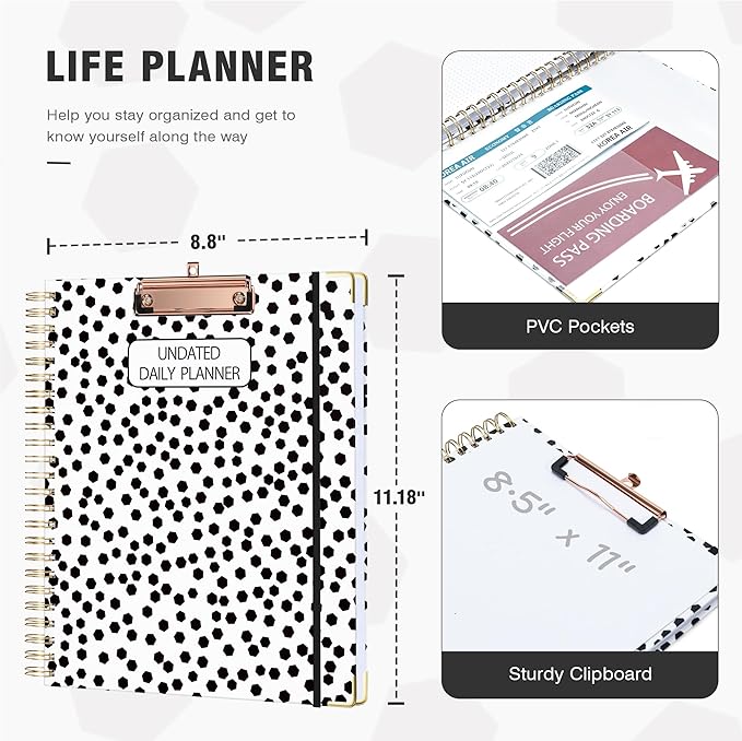 Ospelelf Undated Spiral Planner 12 Months, Daily Weekly and Monthly Academic Planner with Clip 8.5 x 11