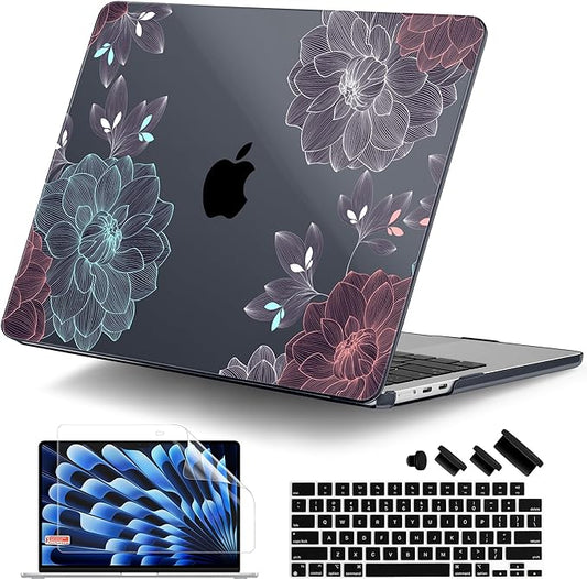 DONGKE Compatible with M4 MacBook Air 15 inch Case 2025 2024 2023 A3241 A3114 A2941 M3 M2 Liquid Retina Display Touch ID, Plastic Hard Case & Keyboard Skin & Screen Protector - Dahlia Flowers